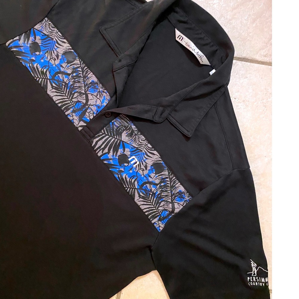 TravisMathew Mens Black Tropical Stripe Golf Polo Shirt Persimmon CC Logo‎ Large